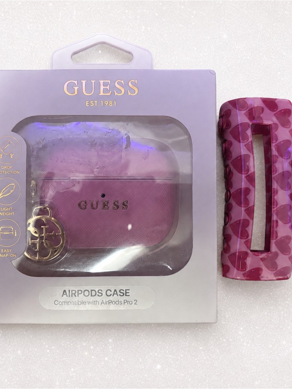 GUESS Pink AirPods Pro 2 Case and Heart Claw Clip Bundle